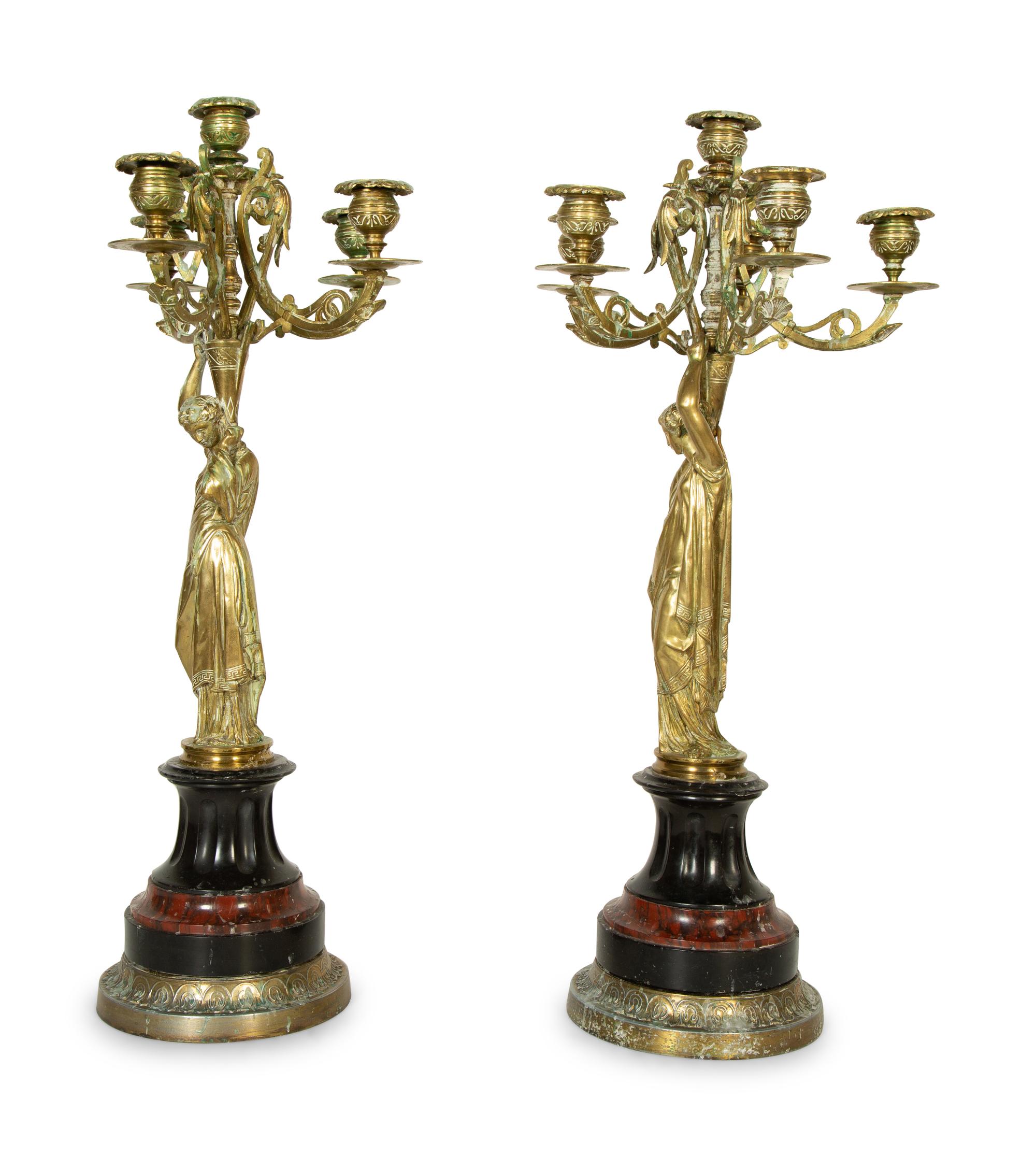 A Pair of French Gilt Bronze and Marble Six-Light Candelabra