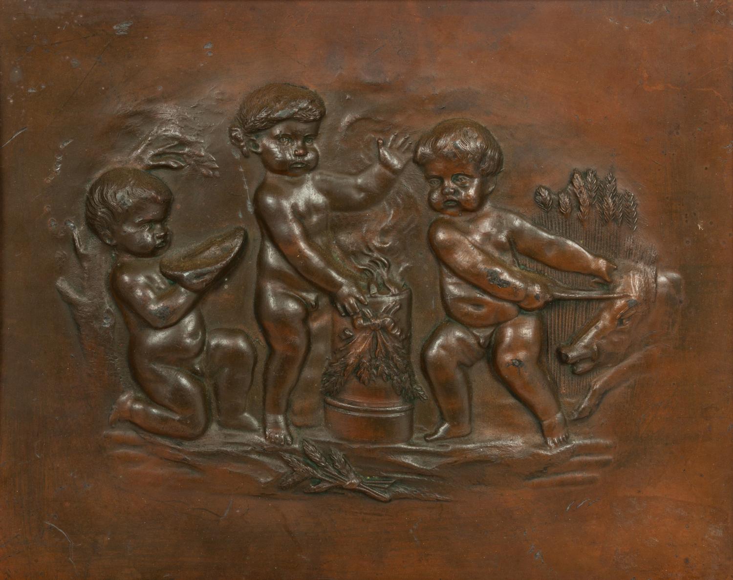 A Pair of Continental Cast Metal Relief Panels Each: 7 1/2 x 9 1/2 inches.