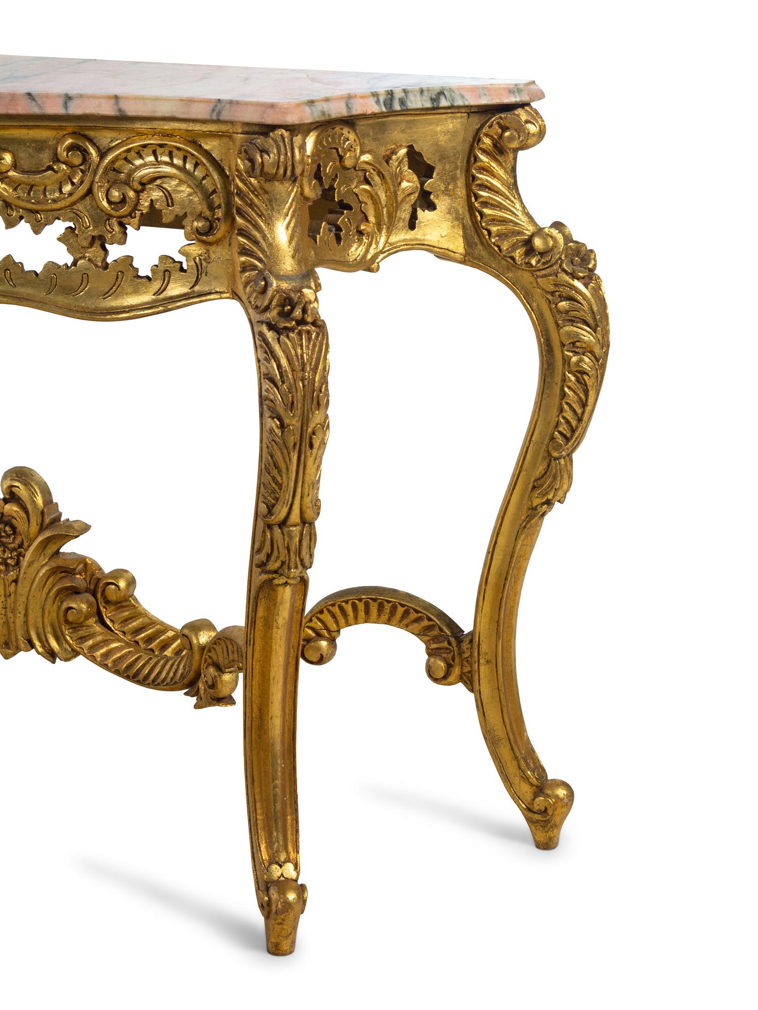 A Pair of Louis XV Style Giltwood Marble-Top Console Tables