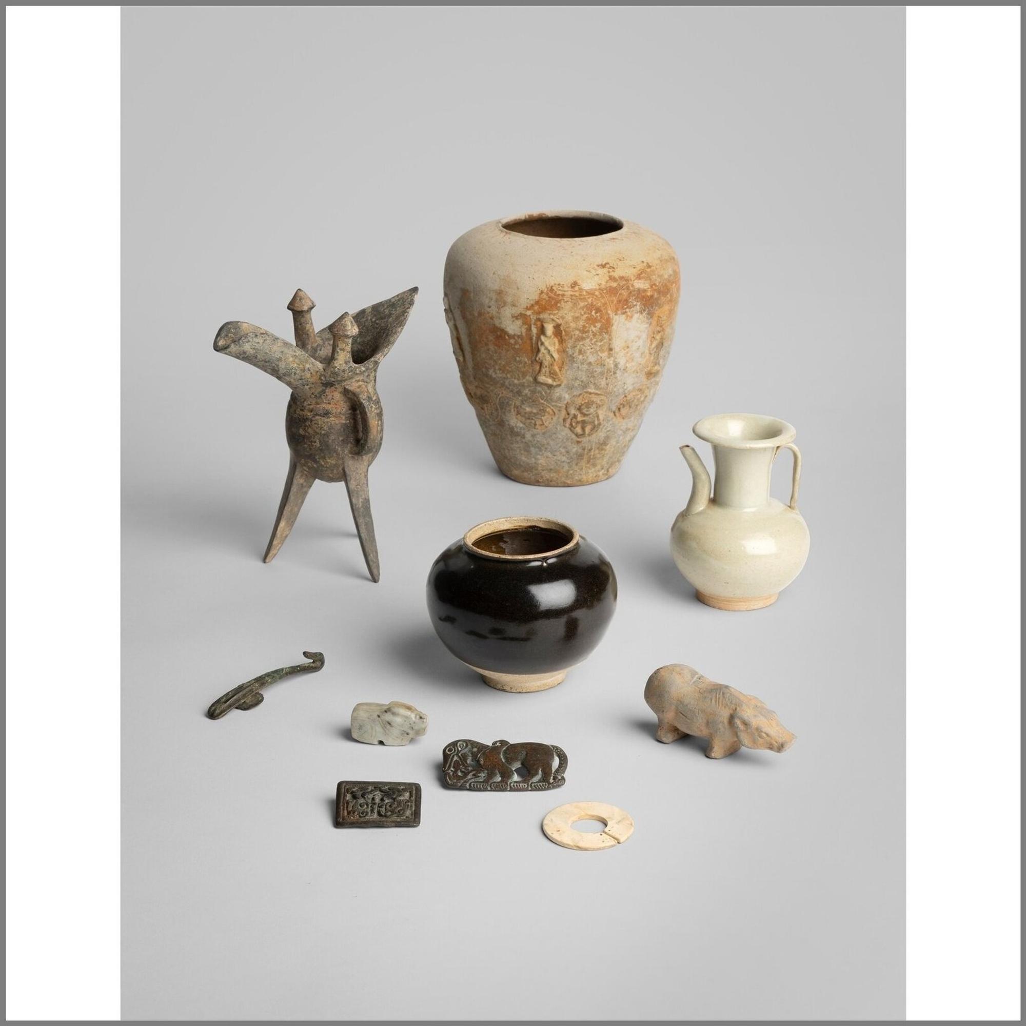 An Archaic Chinese Jade Pendant with Mask, Liangzhu Culture, and a Jade Jue, Western Zhou 良渚文化神人獸面紋玉勒及西周玉玨各一