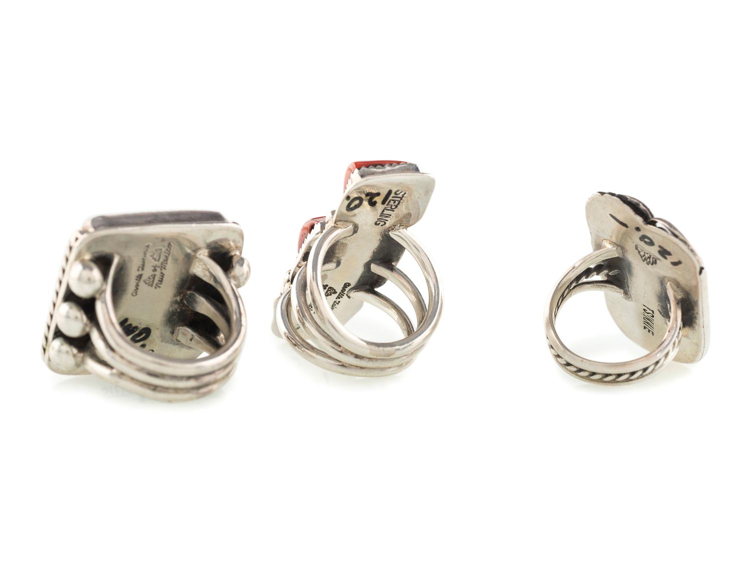 Silver Rings, with Shell, Coral, and Turquoise Inlay