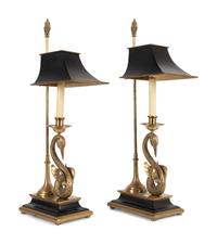 A Pair of Chapman Empire Style Brass Swan-Form Lamps With Tole Shades