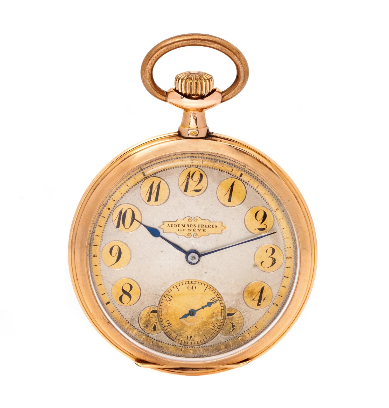 A 14 Karat Rose Gold Open Face Pocket Watch, Audemars Freres,