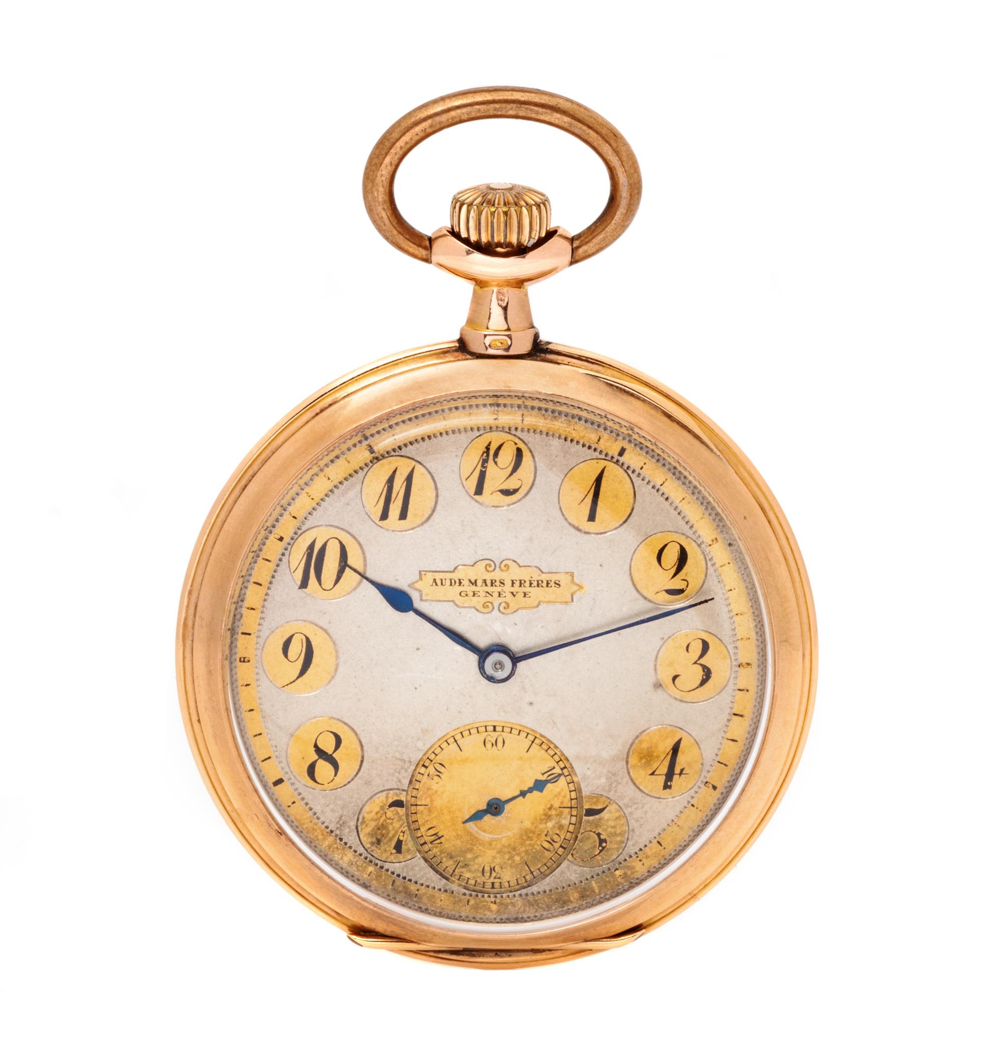 A 14 Karat Rose Gold Open Face Pocket Watch, Audemars Freres,
