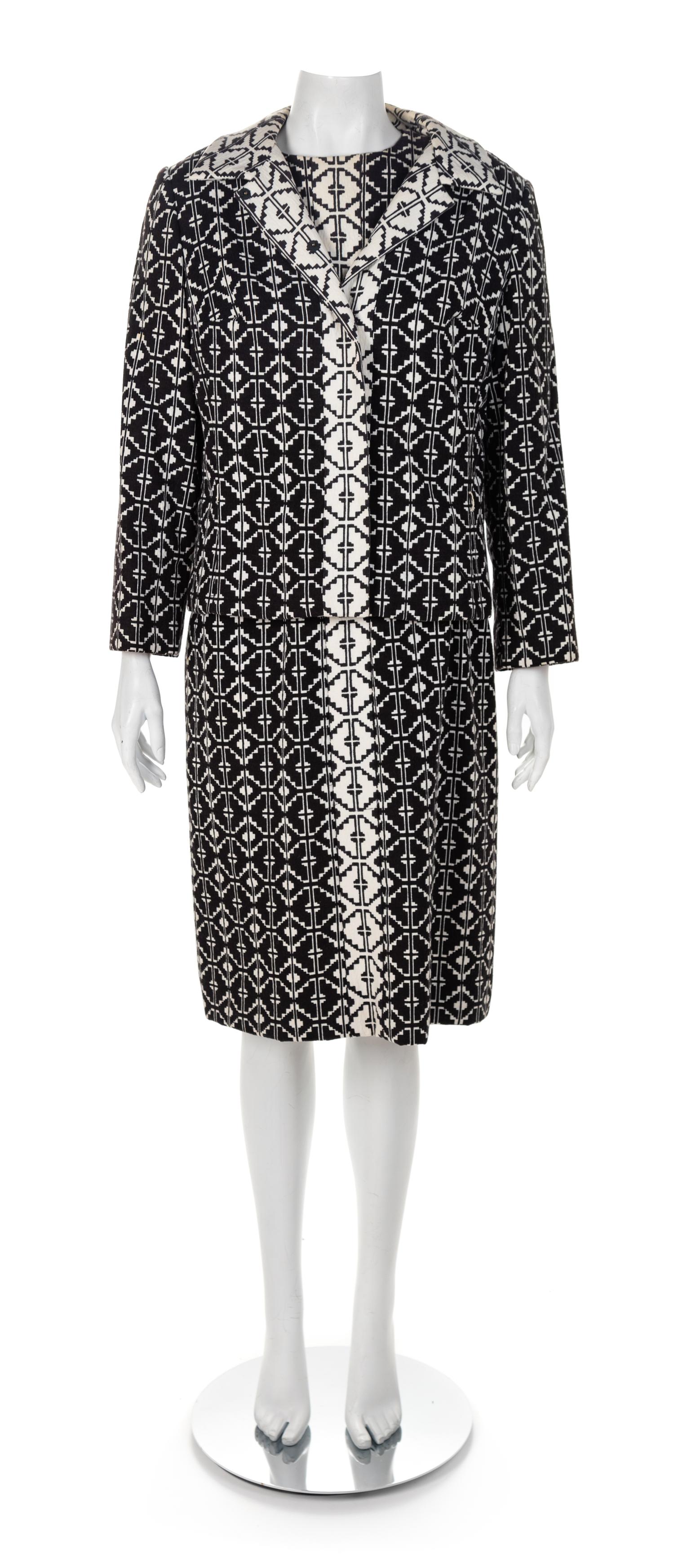 Elaine Ames Two-Piece Black and White Geometric Cotton Ensemble, 1960s No size label