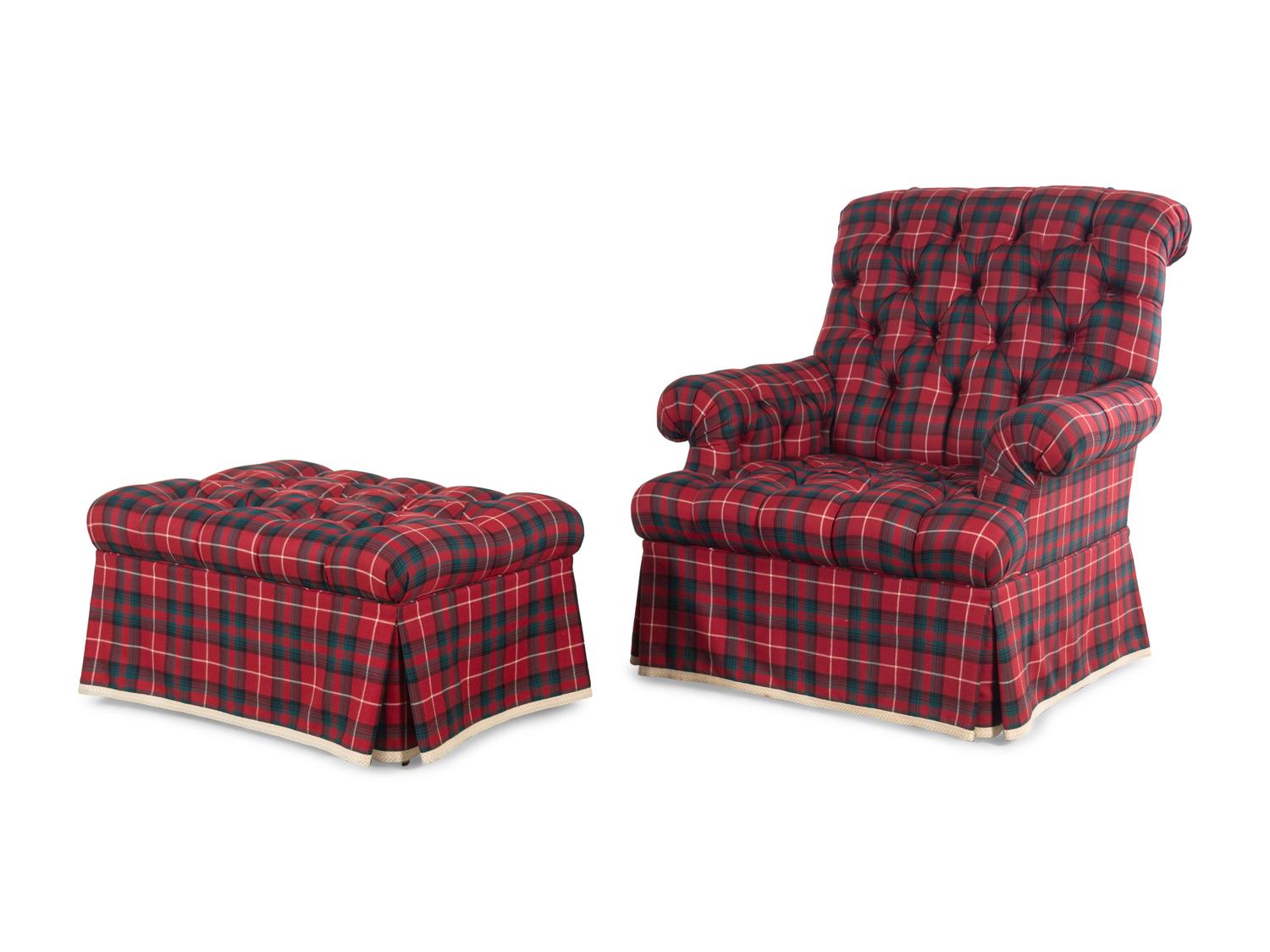 A Button-Tufted Tartan-Upholstered Easy Chair and Ottoman