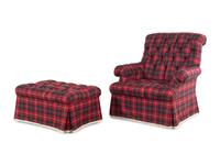 A Button-Tufted Tartan-Upholstered Easy Chair and Ottoman