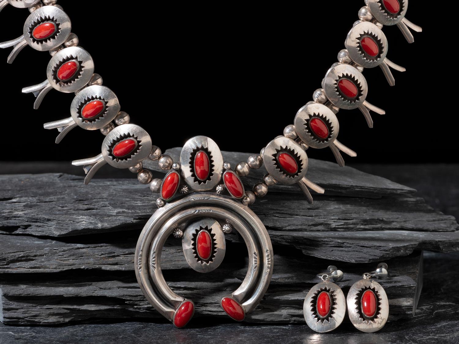 Navajo Silver and Coral Squash Blossom Necklace and Earring Set