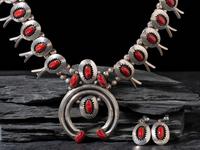 Navajo Silver and Coral Squash Blossom Necklace and Earring Set
