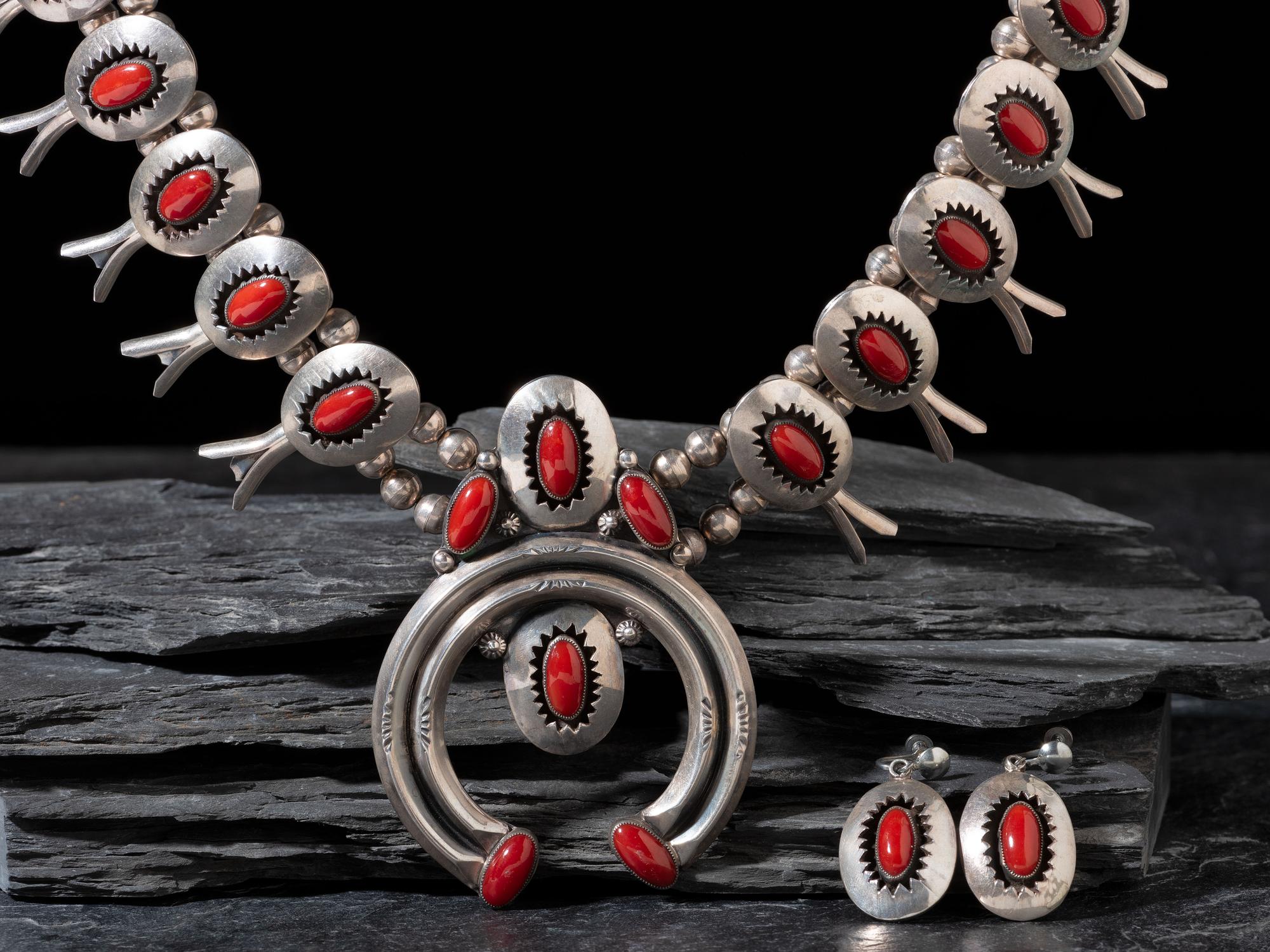 Navajo Silver and Coral Squash Blossom Necklace and Earring Set