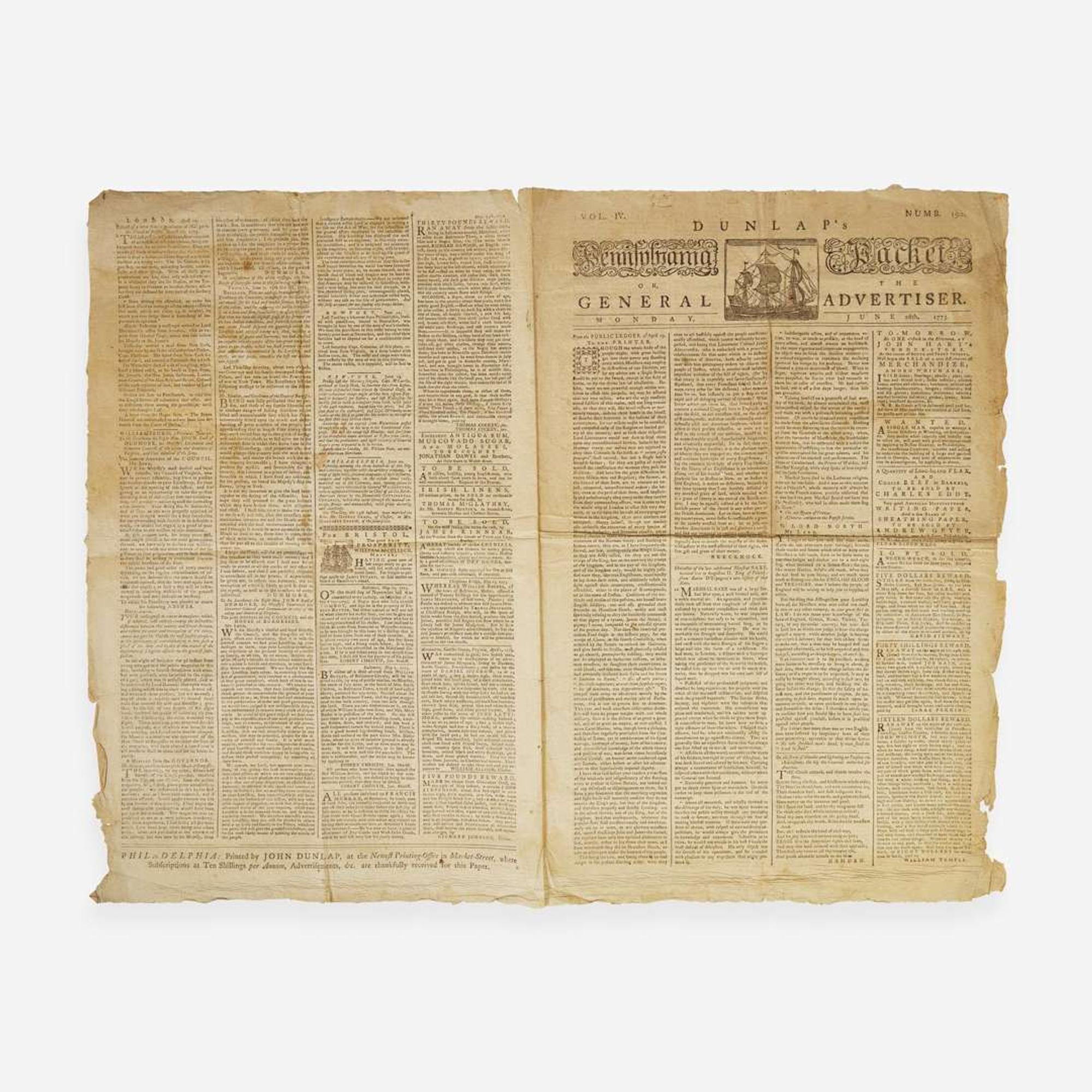 [American Revolution] [Gage, Thomas] Dunlap's Pennsylvania Packet Or, The General Advertiser