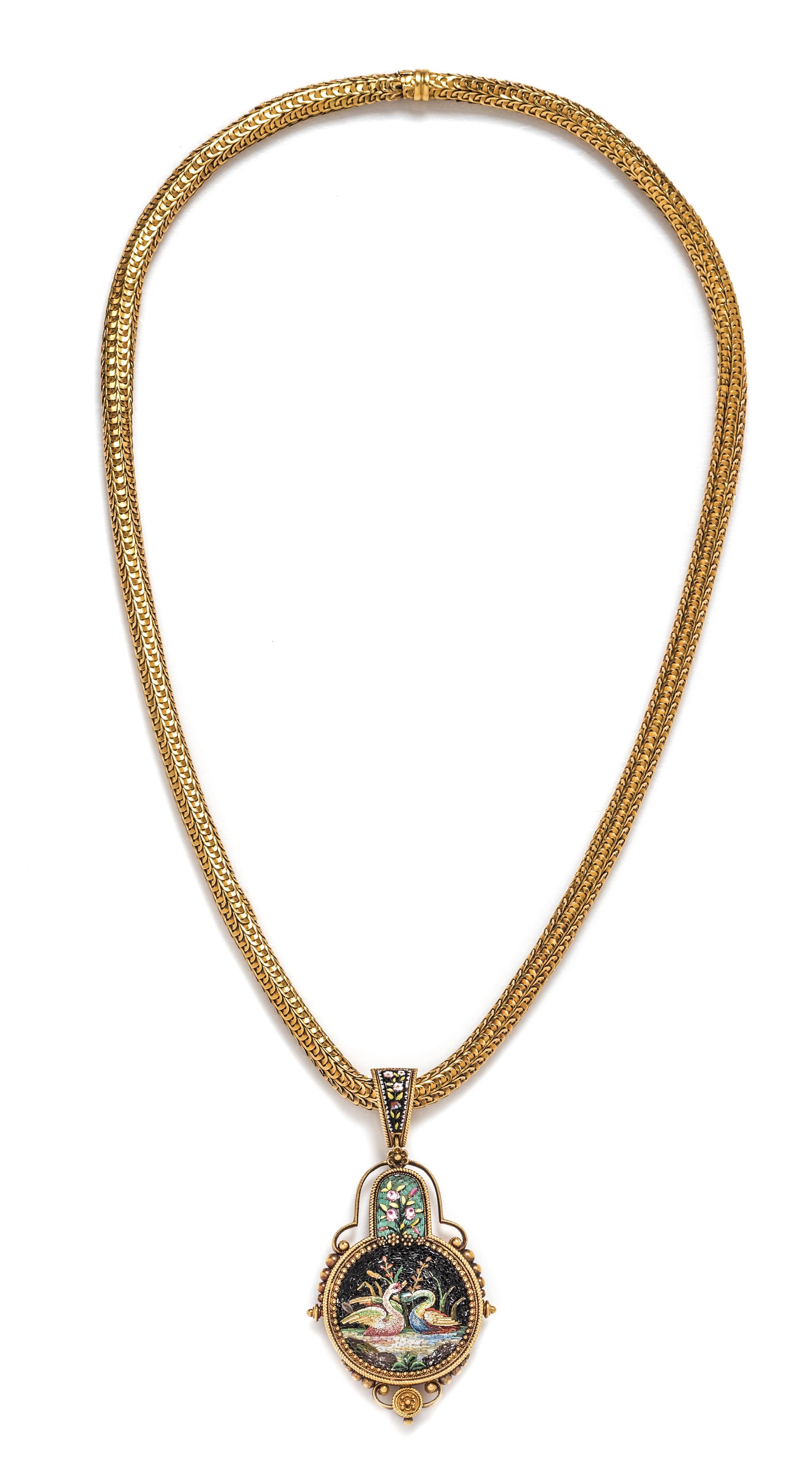 A Victorian Yellow Gold and Micromosaic Pendant and Necklace,