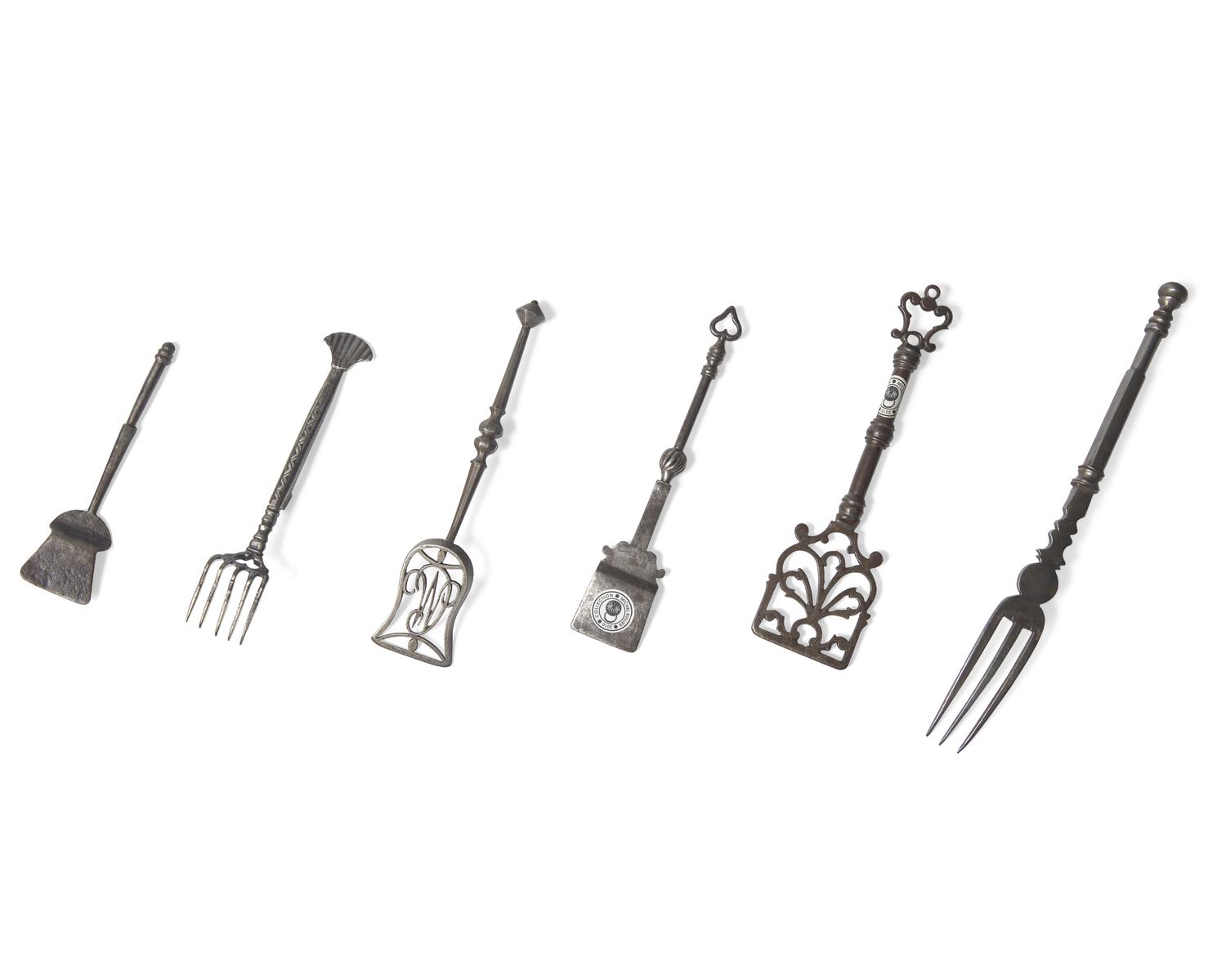 A Group of Six Fine Miniature Wrought Iron or Steel Peels and Forks, French, 18th Century