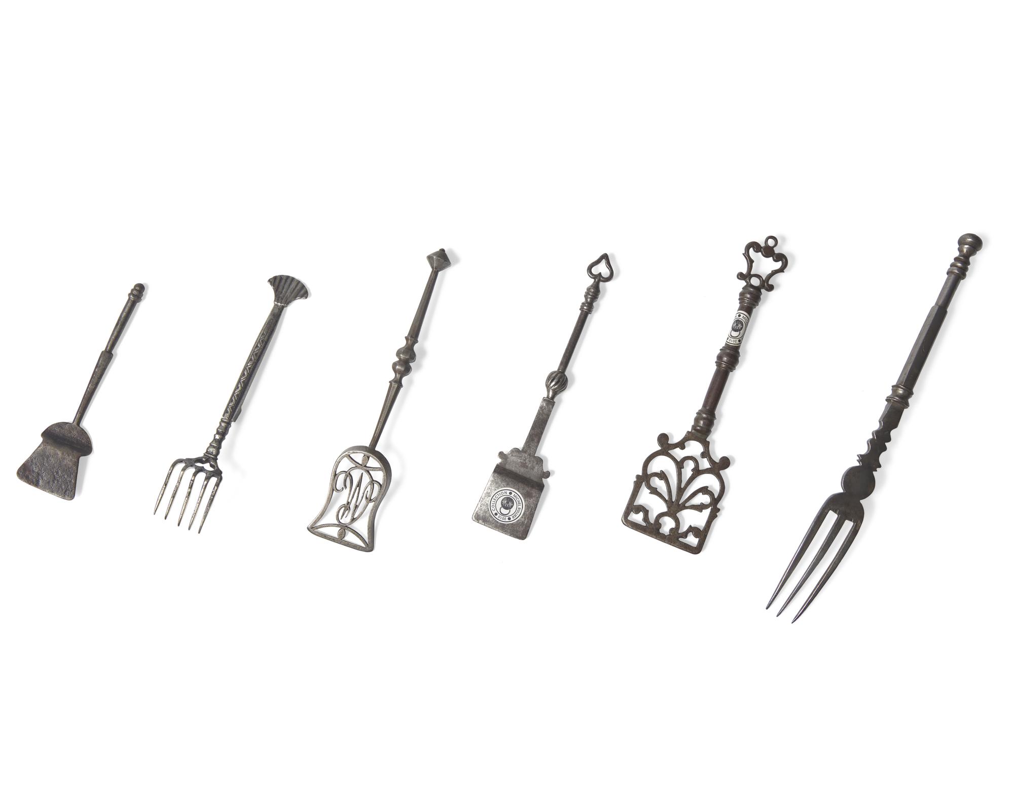 A Group of Six Fine Miniature Wrought Iron or Steel Peels and Forks, French, 18th Century