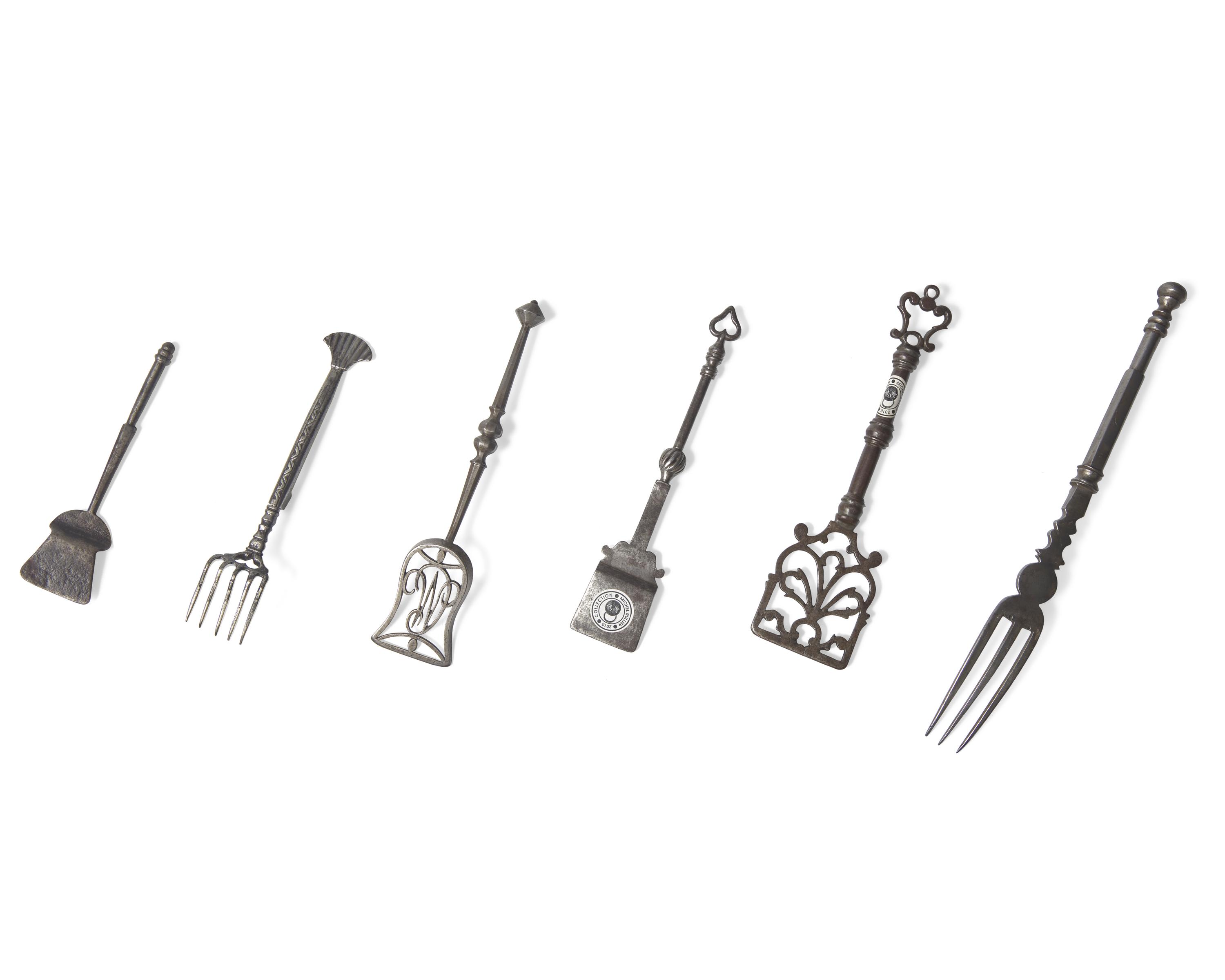 A Group of Six Fine Miniature Wrought Iron or Steel Peels and Forks, French, 18th Century