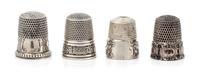 Four American Silver Thimbles, Simons Bros., Philadelphia, PA, compsiring a Holly & Bells restrike example; an example having a floral