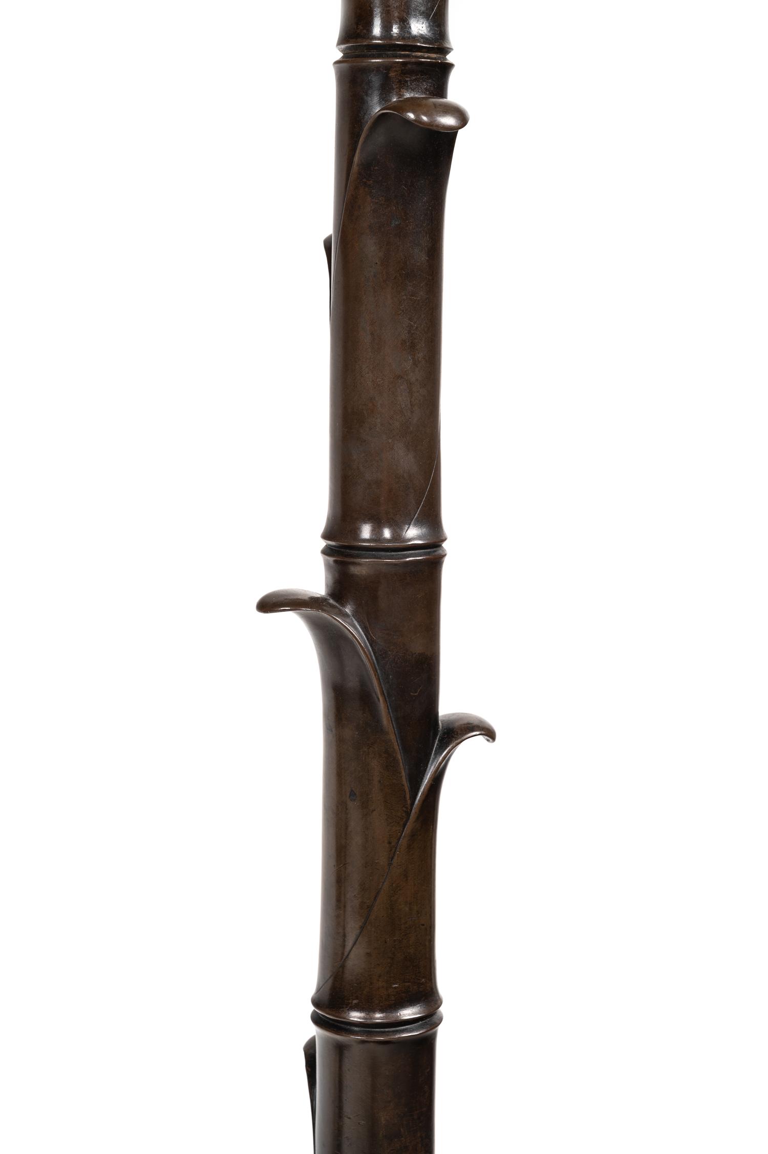 A Pair of French Neoclassical Patinated Bronze Torchères with Custom Silk Shades