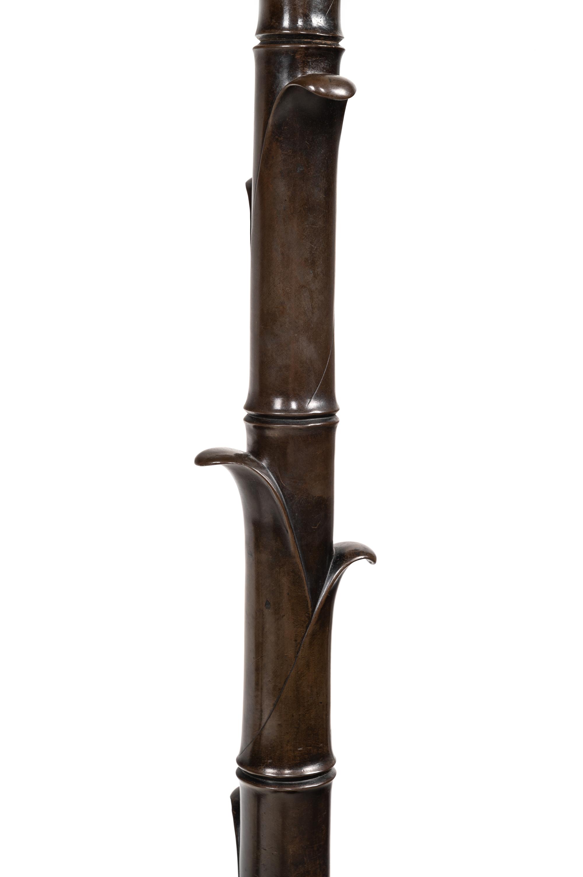 A Pair of French Neoclassical Patinated Bronze Torchères with Custom Silk Shades