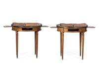A Pair of Jacques Bodart Louis XVI Style Marble Top Bouillotte Tables