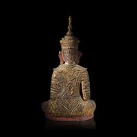 A Burmese Embellished and Gilt-Lacquered Wood Seated Buddha, 19th to Early 20th Century — 十九-二十世紀初 緬甸金漆木坐佛