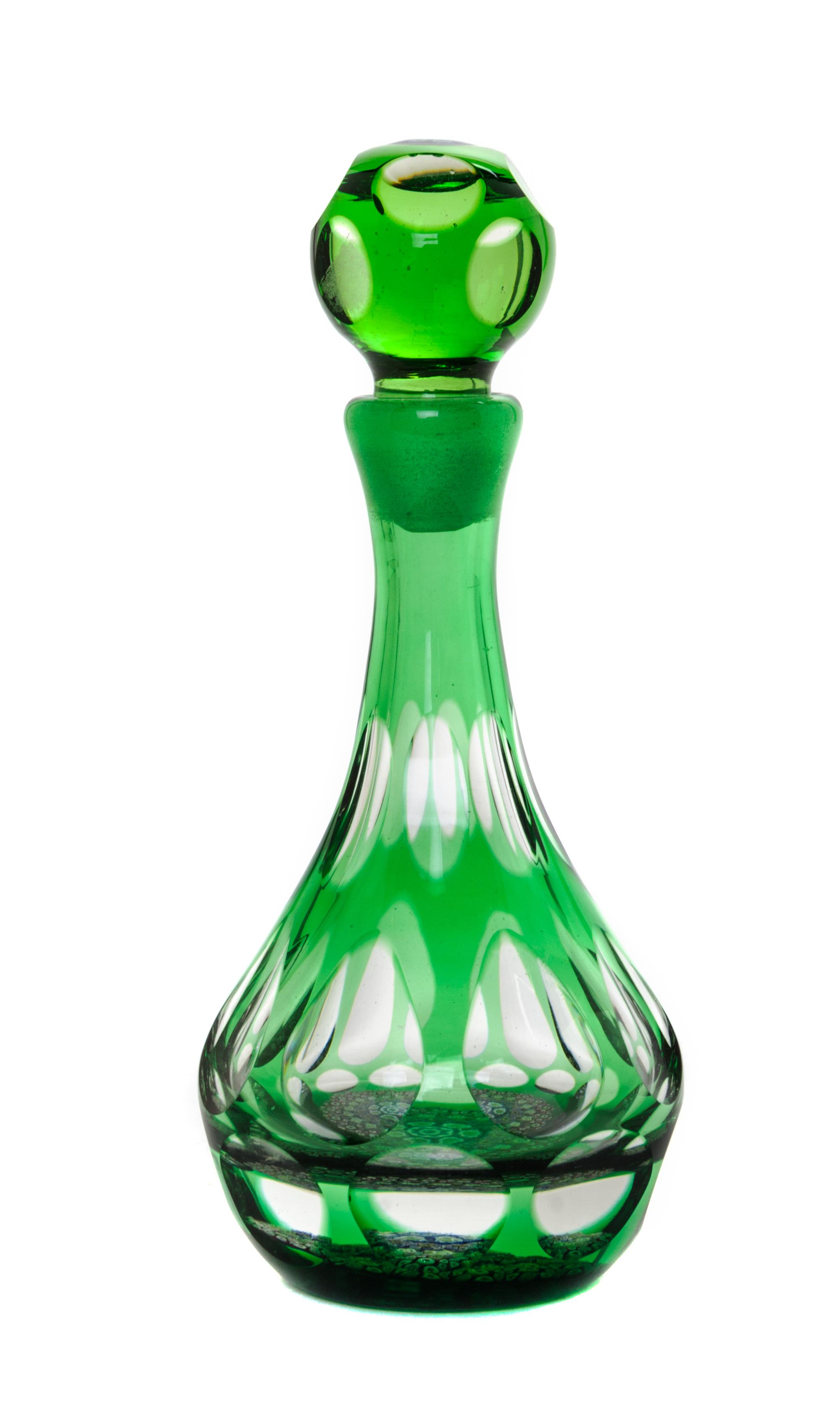 A Perthshire Paperweights Green Overlay Millefiori Bottle and Stopper Height 7 1/4 inches. — 1975