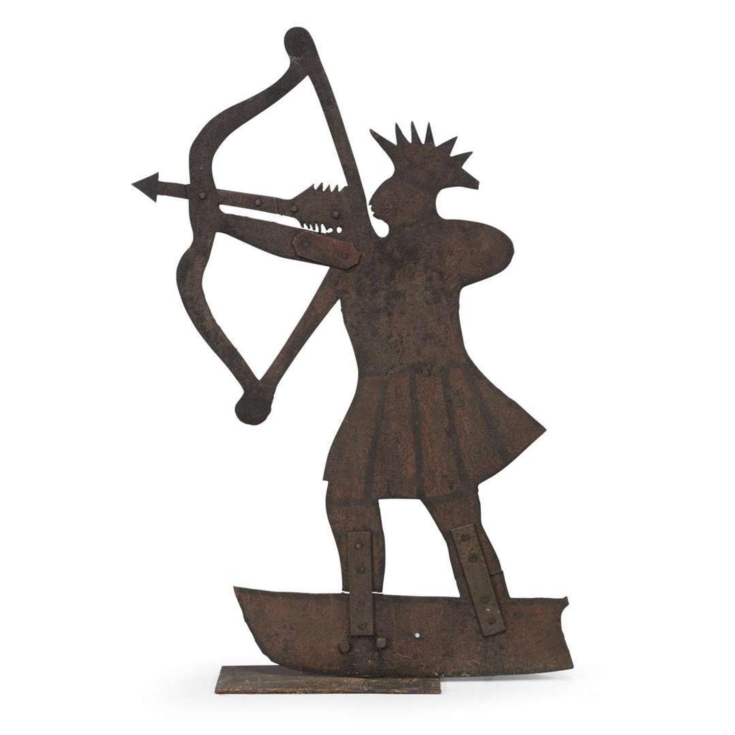 Painted sheet iron silhouette weathervane of an Indian with bow and arrow late 19th century