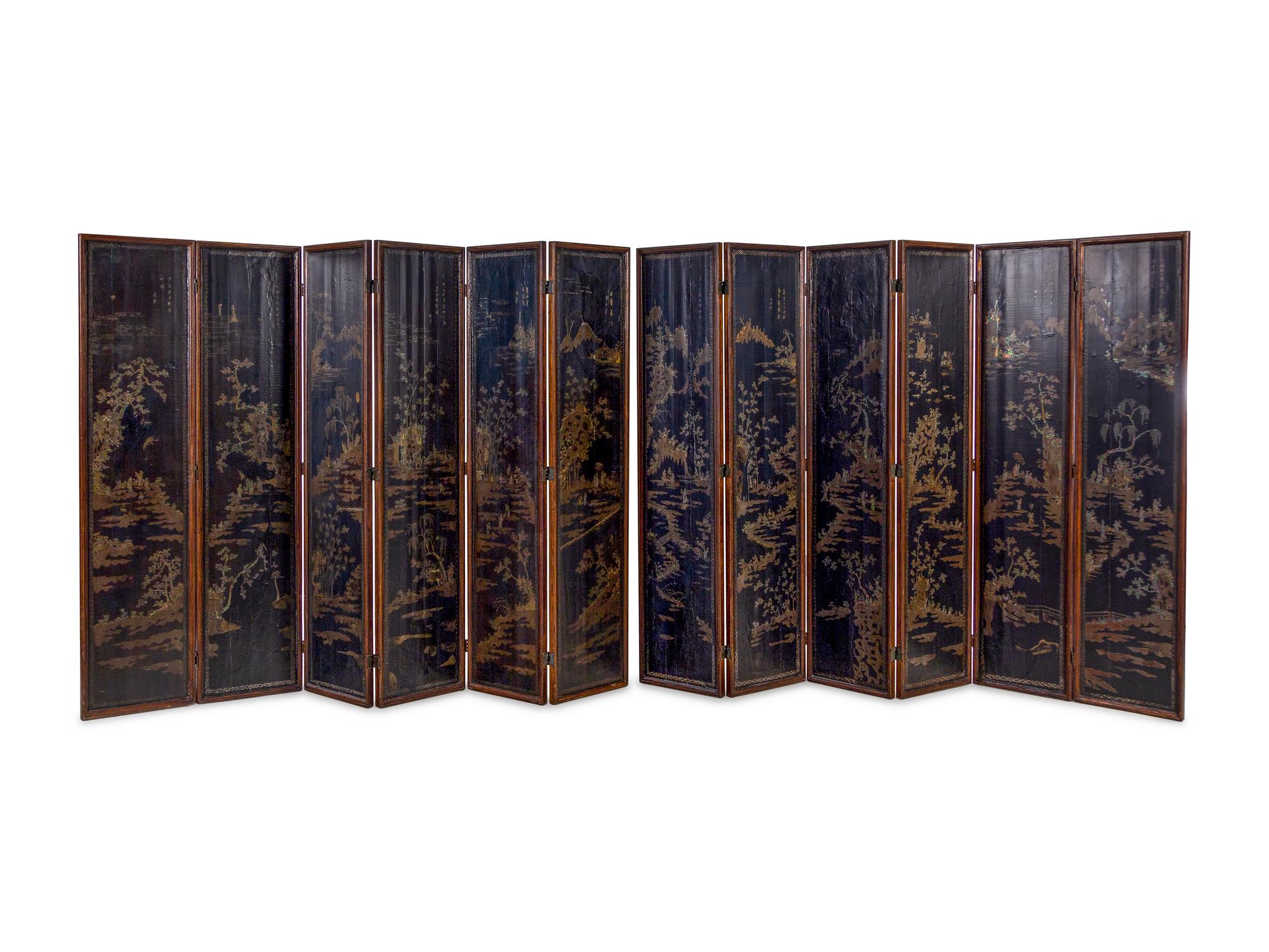 A Mother-of-Pearl Inlaid Black Lacquer Twelve-Panel Screen