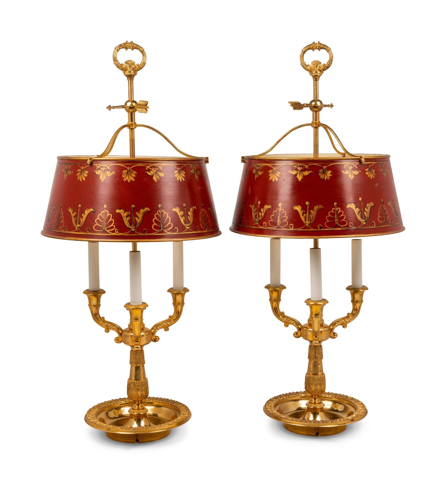A Pair of Empire Style Gilt Metal and Painted Tôle Bouillotte Lamps