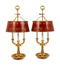 A Pair of Empire Style Gilt Metal and Painted Tôle Bouillotte Lamps