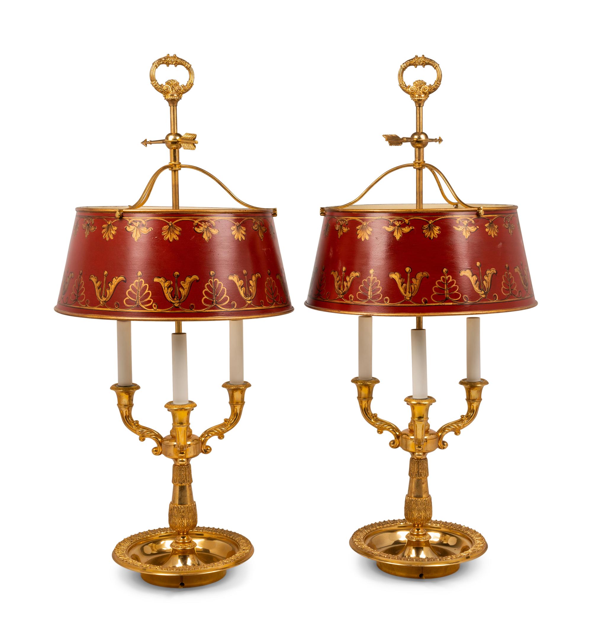 A Pair of Empire Style Gilt Metal and Painted Tôle Bouillotte Lamps