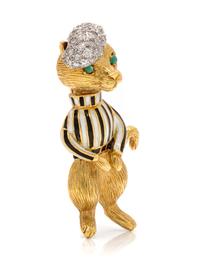 YELLOW GOLD, DIAMOND AND ENAMEL CAT BROOCH