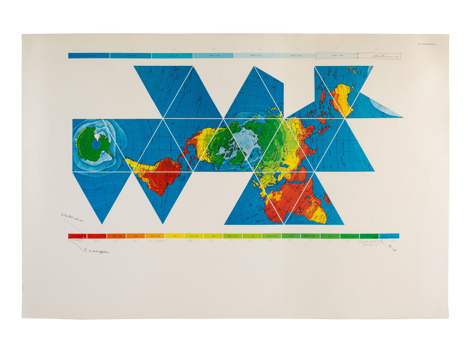 FULLER, R. Buckminster (1895-1983). A collection of 6 Dymaxion map posters, one SIGNED by Fuller and one with notations in his hand.