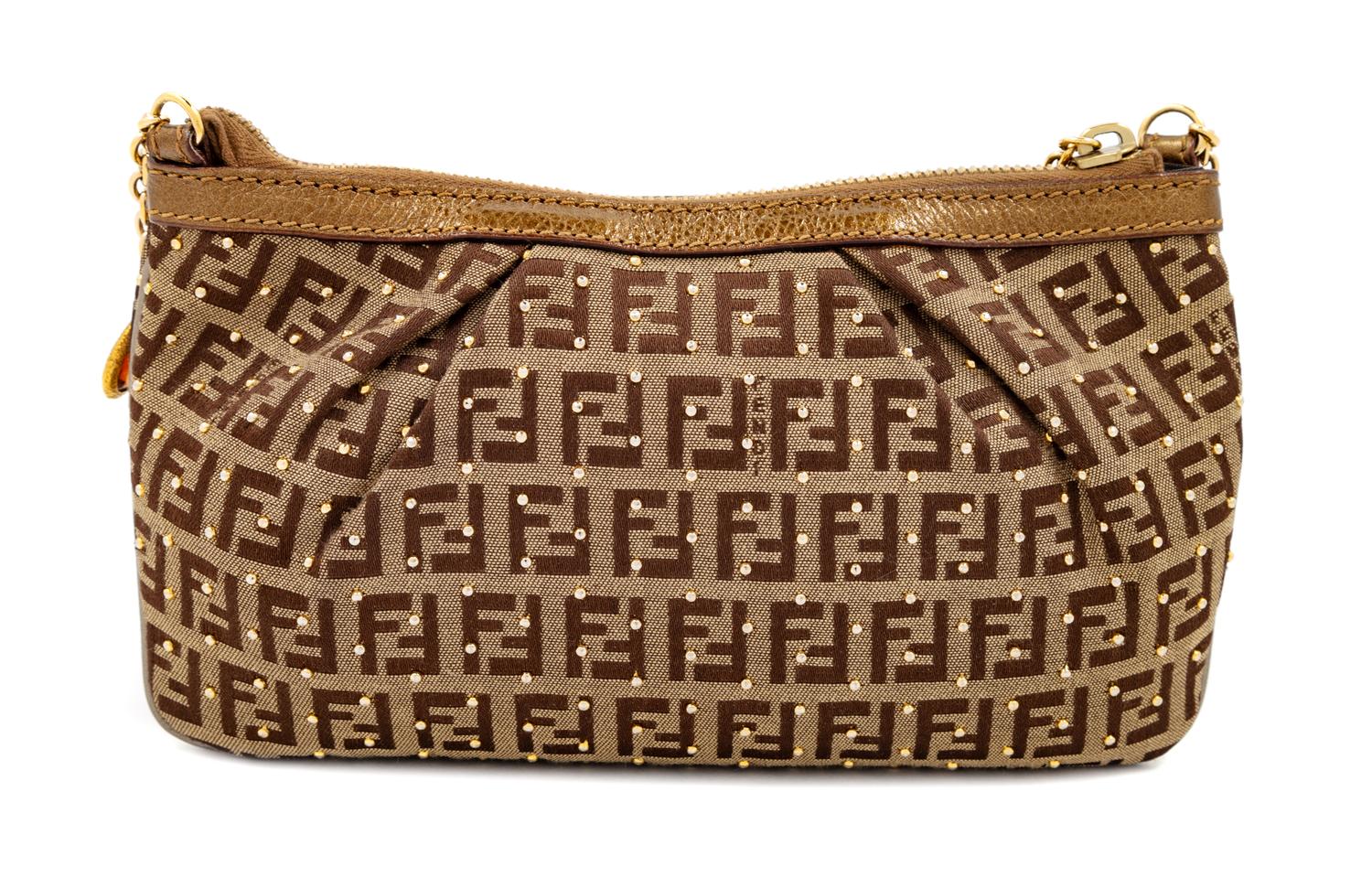 A Fendi Zucchino Studded Pochette, 5" H x 8.25" W x 0.5" D; Strap drop: 7".