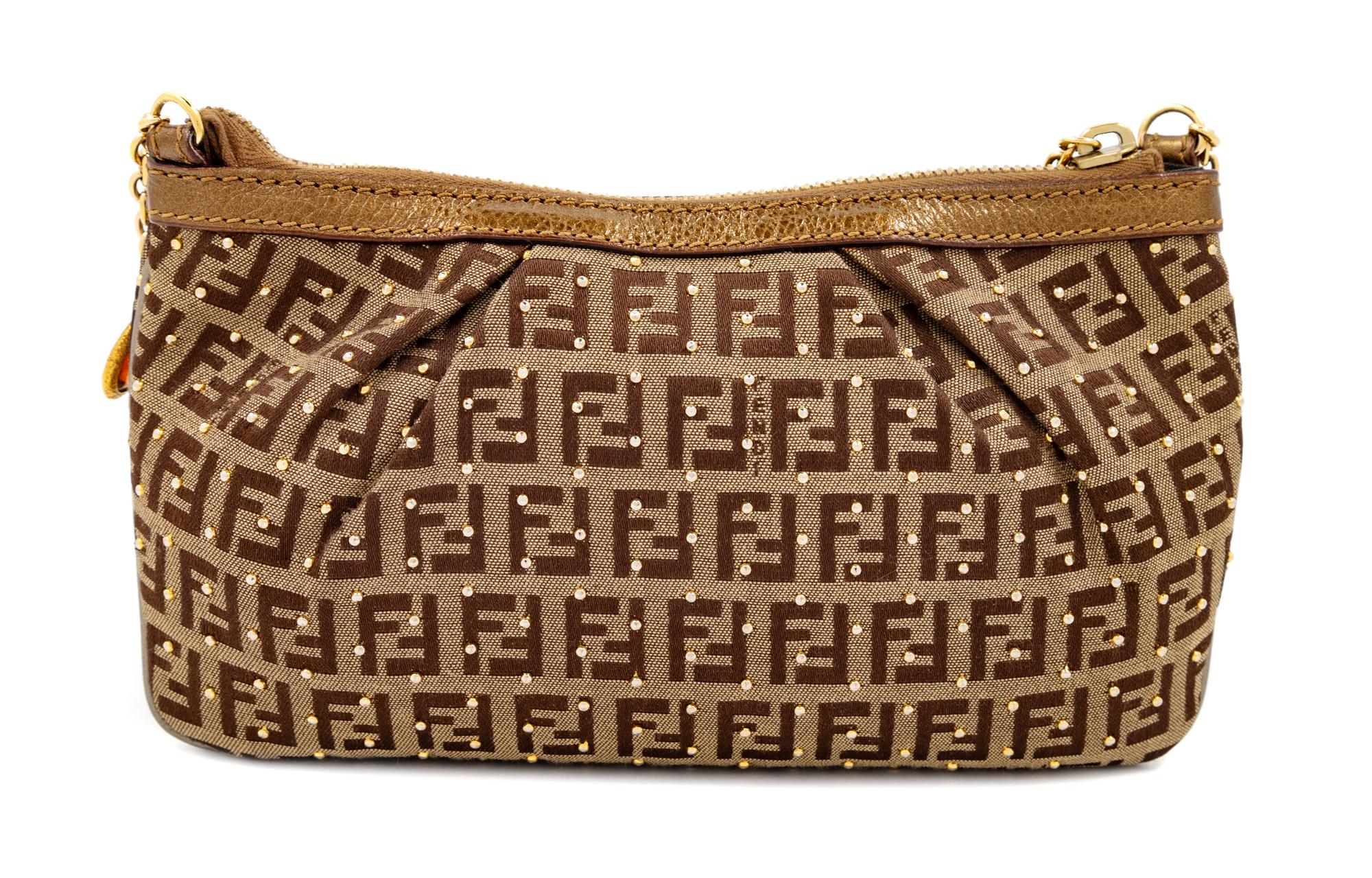 A Fendi Zucchino Studded Pochette, 5" H x 8.25" W x 0.5" D; Strap drop: 7".