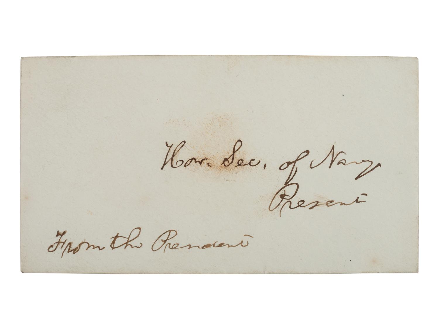 LINCOLN, Abraham (1809-1865). Autograph envelope addressed to Secretary of Navy [Gideon Welles] in Lincoln's hand.