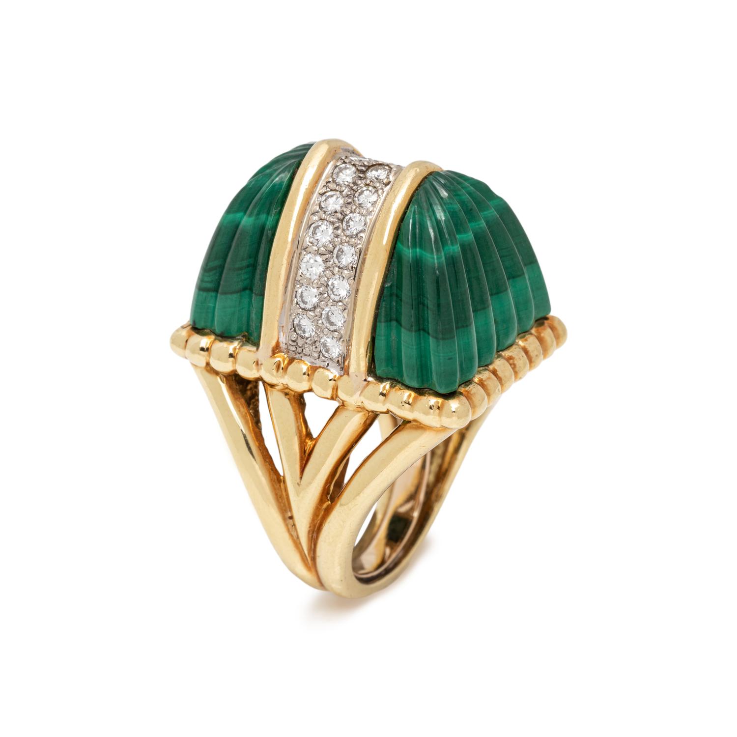 R. STONE, VINTAGE, DIAMOND AND MALACHITE RING