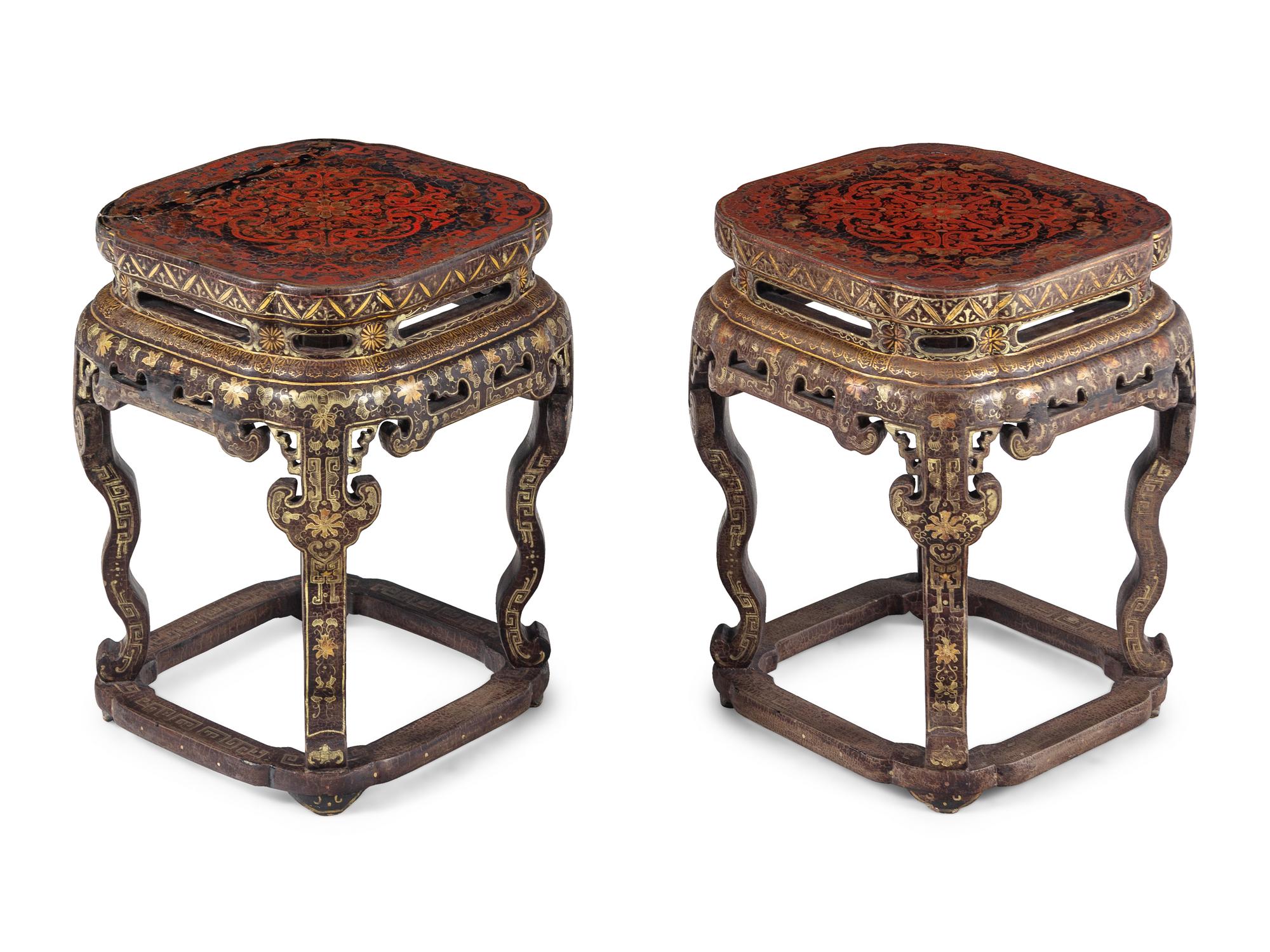 A Pair of Chinese Export Black Lacquer and Parcel-Gilt Low Tables