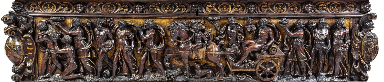 A Pair of Italian Renaissance Style Parcel Gilt Walnut Cassoni Height 32 x width 72 x depth 25 inches. — 19TH CENTURY WITH 17TH CENTURY ELEMENTS