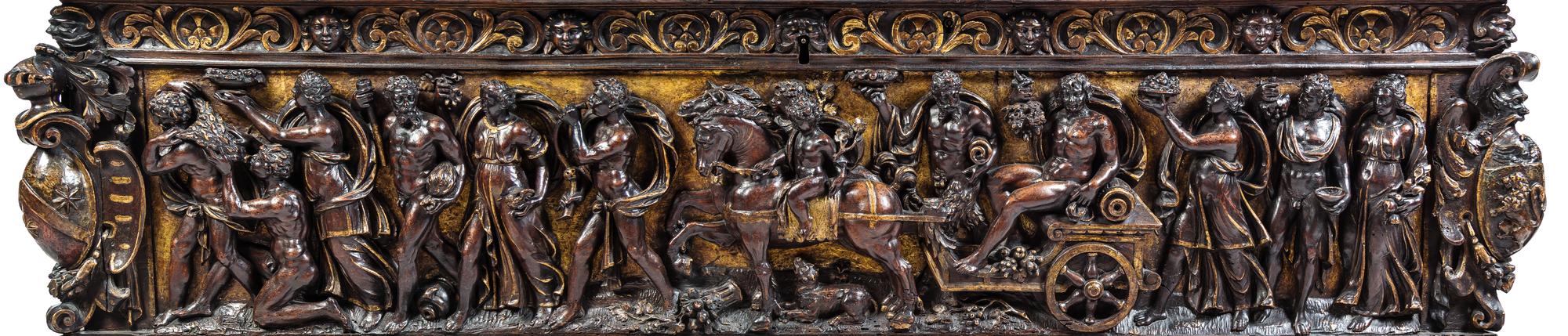 A Pair of Italian Renaissance Style Parcel Gilt Walnut Cassoni Height 32 x width 72 x depth 25 inches. — 19TH CENTURY WITH 17TH CENTURY ELEMENTS