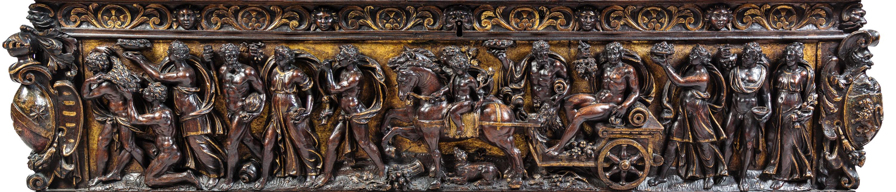 A Pair of Italian Renaissance Style Parcel Gilt Walnut Cassoni Height 32 x width 72 x depth 25 inches. — 19TH CENTURY WITH 17TH CENTURY ELEMENTS