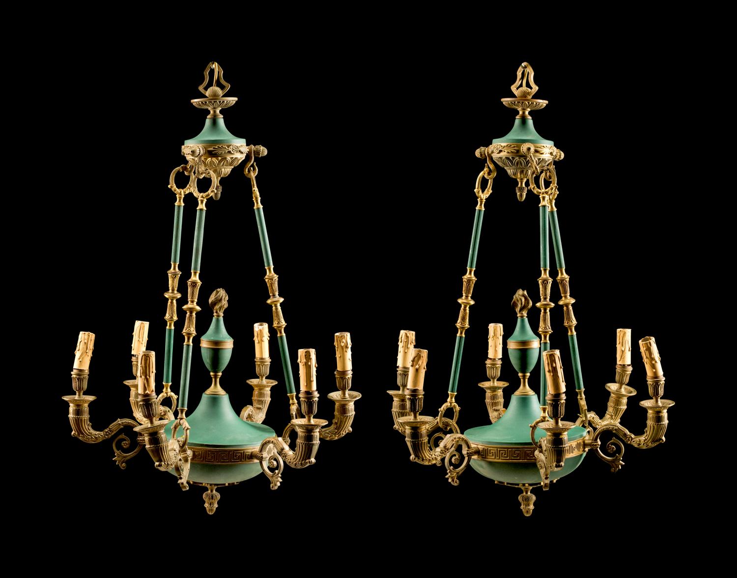 A Pair of Empire Style Six-Light Chandeliers