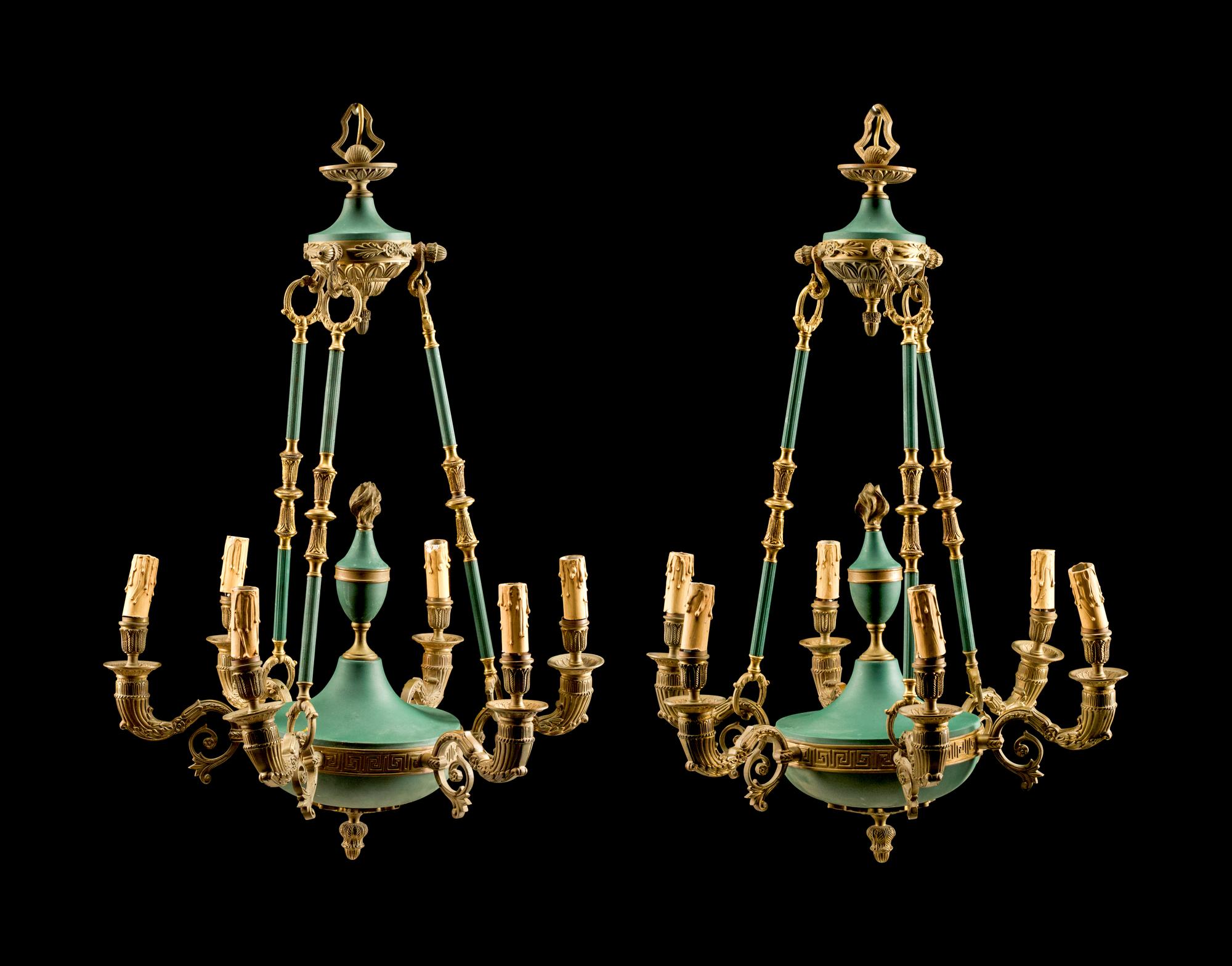 A Pair of Empire Style Six-Light Chandeliers