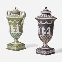 Two Wedgwood Tricolor Diceware Dancing Hours Vases with Covers UK, circa 1900