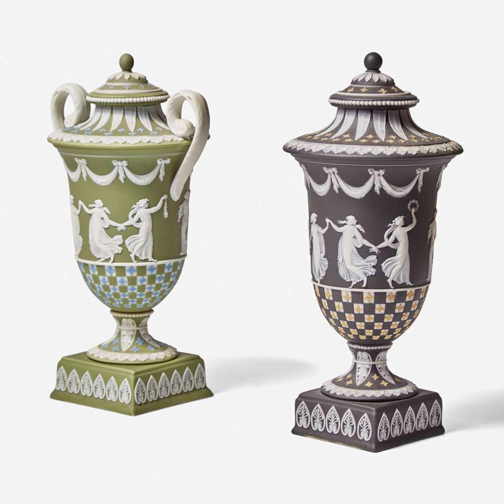Two Wedgwood Tricolor Diceware Dancing Hours Vases with Covers UK, circa 1900