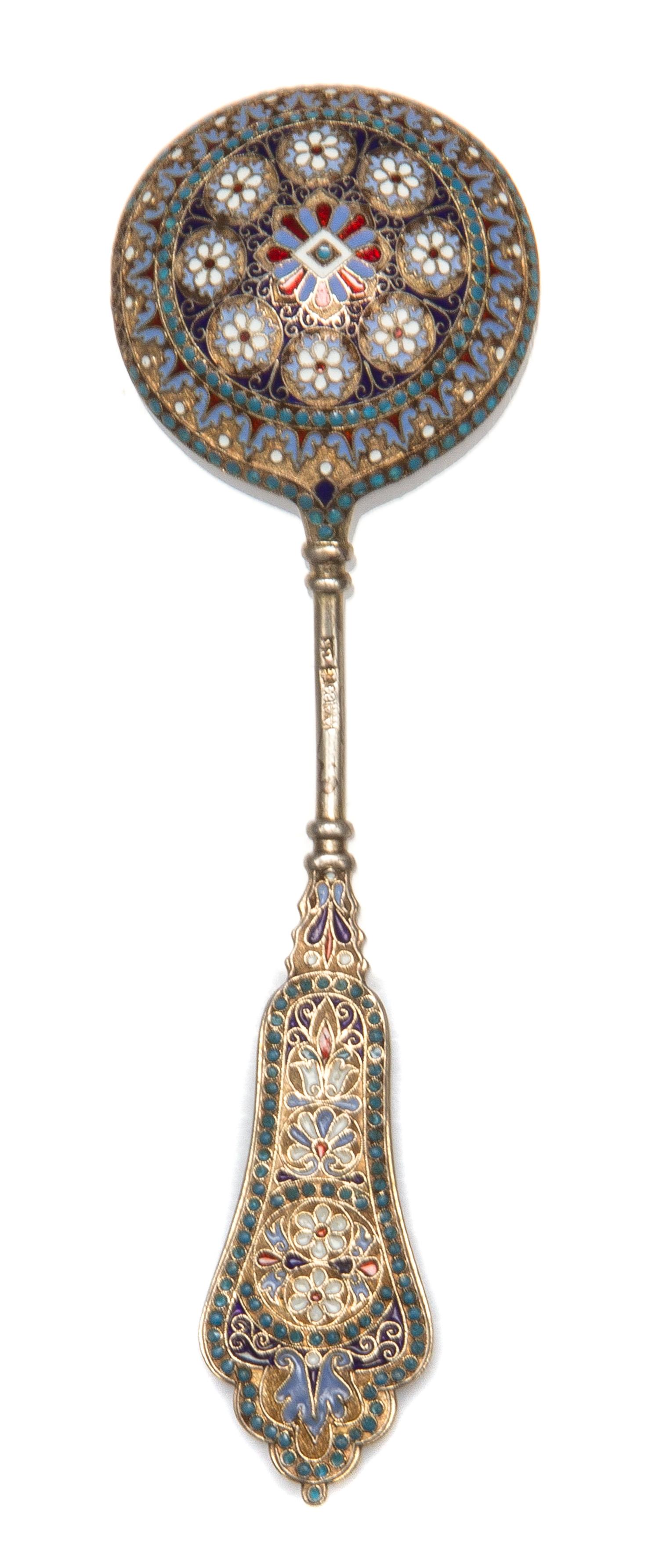A Russian Silver-Gilt and Enamel Spoon, Maker's mark obscured, assay mark of Anatoly Artsybashev, Moscow, 19th century, the top and und