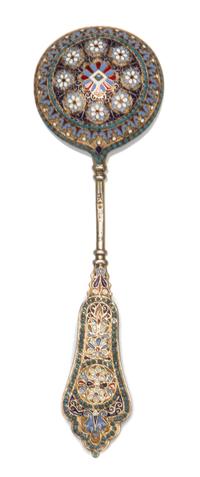 A Russian Silver-Gilt and Enamel Spoon, Maker's mark obscured, assay mark of Anatoly Artsybashev, Moscow, 19th century, the top and und