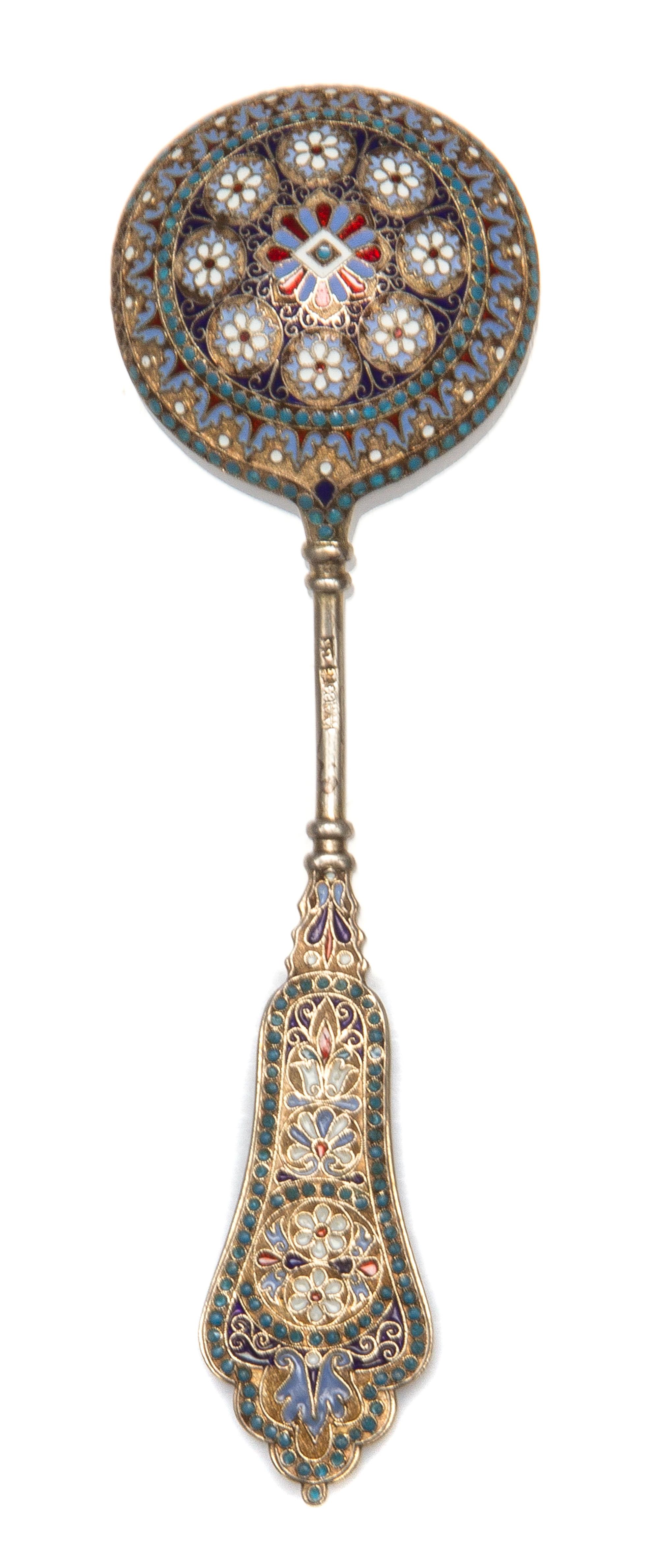 A Russian Silver-Gilt and Enamel Spoon, Maker's mark obscured, assay mark of Anatoly Artsybashev, Moscow, 19th century, the top and und