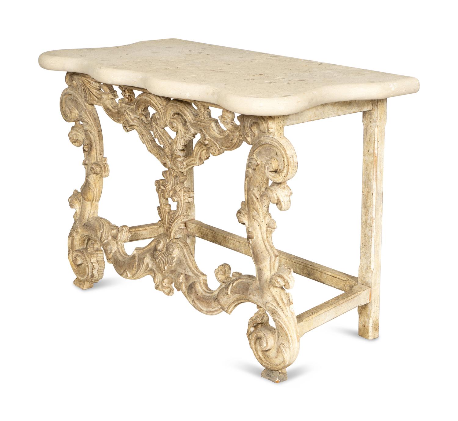 A Pair of Venetian Style Cream-Painted Marble Top Consoles