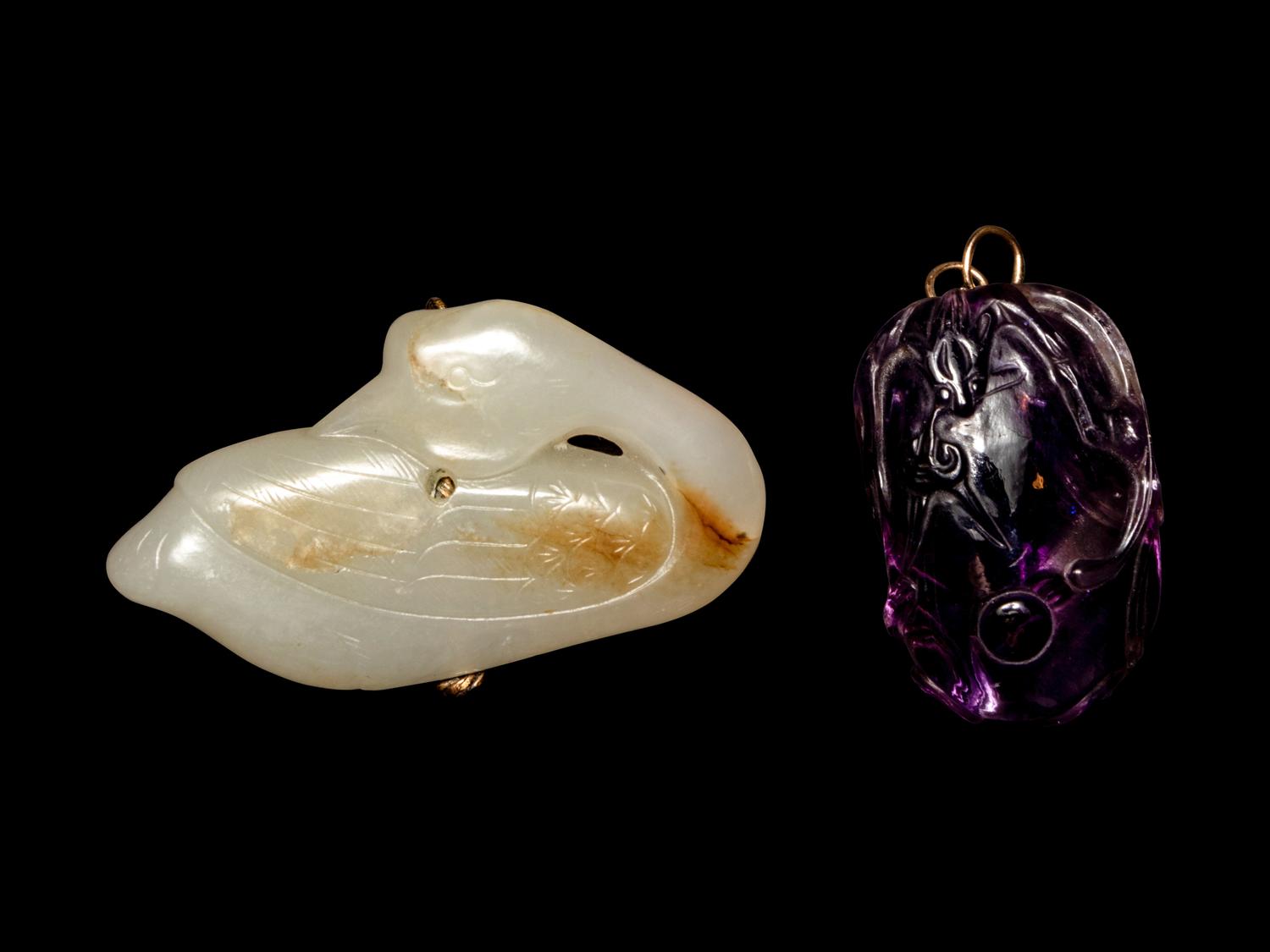 A Chinese Russet and White Jade Figure of a Goose and A Chinese Amethyst 'Chilong' Pendant