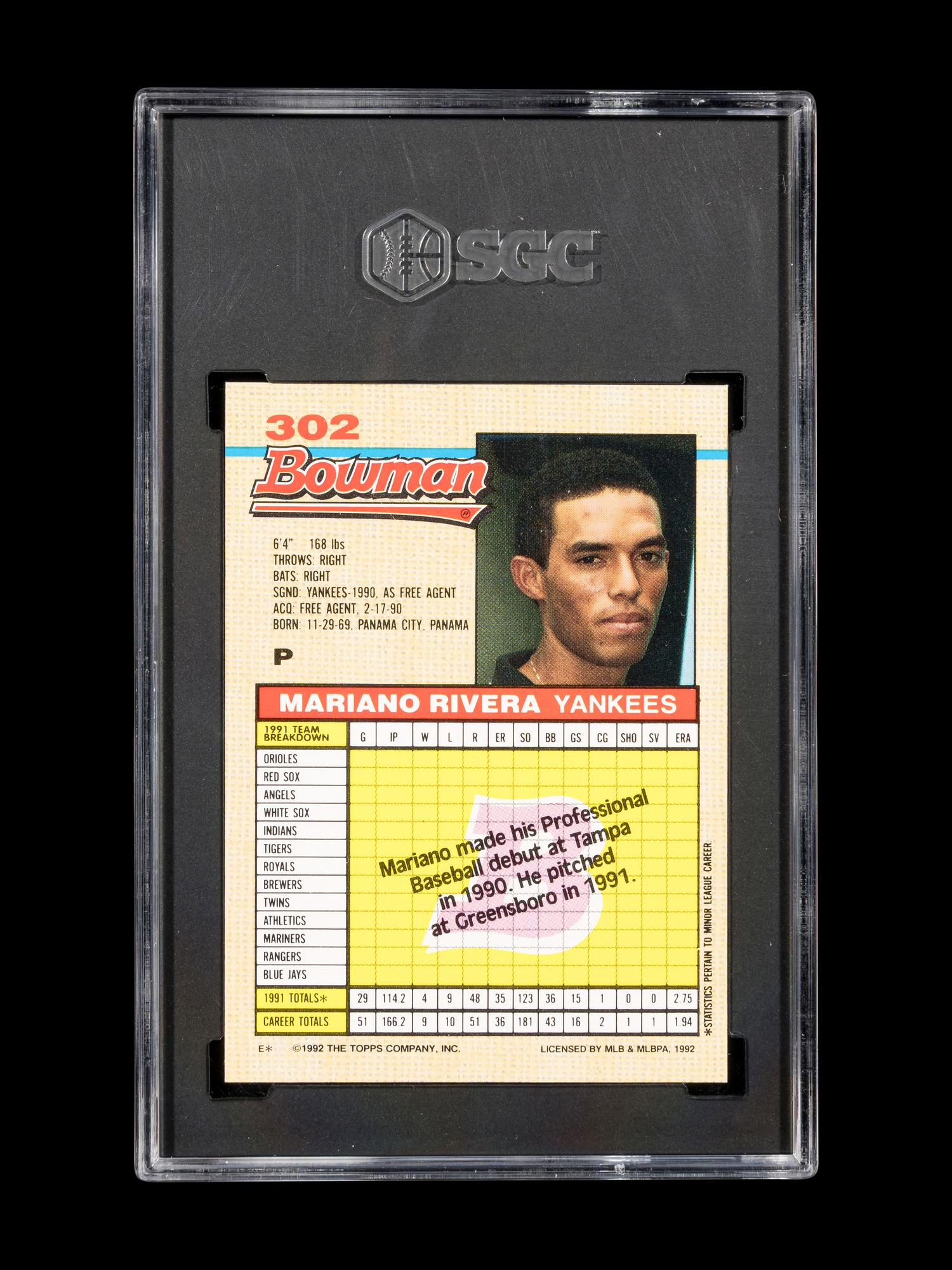 A 1992 Bowman Mariano Rivera Rookie Baseball Card No. 302 (SGC 8.5 NM-MT+)